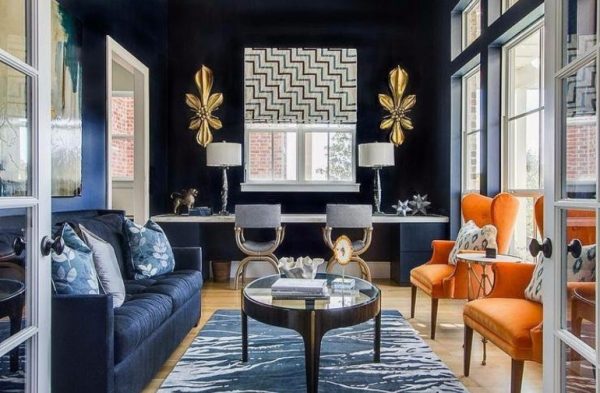 Modern Living Room With Navy Blue Walls